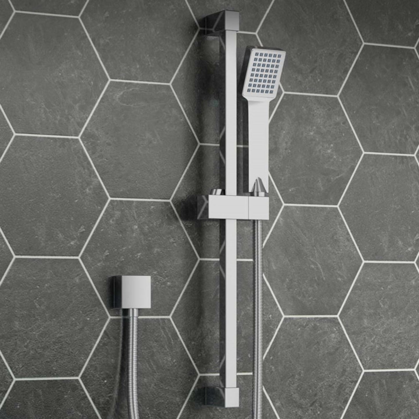 Square design shower slider riser rail kit with handset and hose - chrome