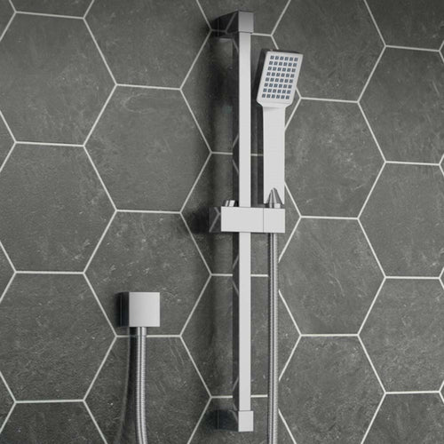 Square design shower slider riser rail kit with handset and hose - chrome