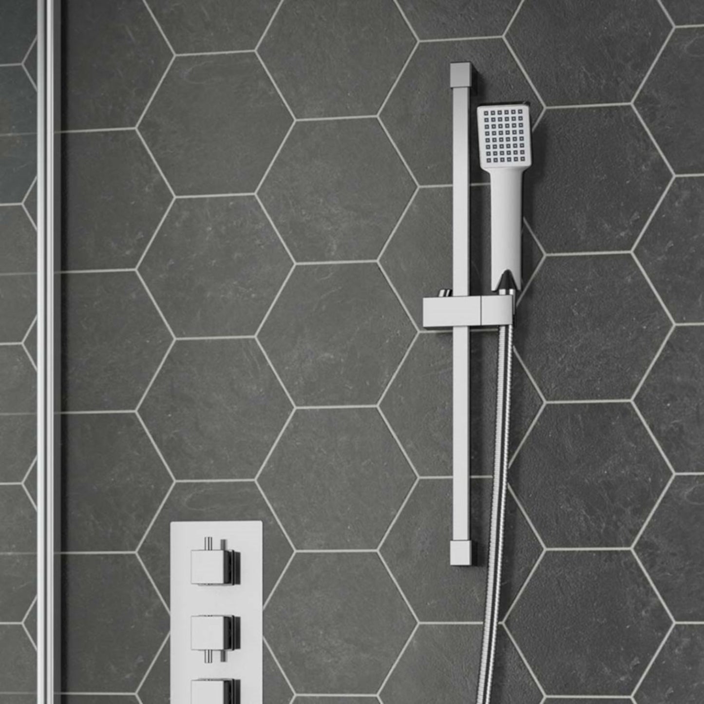 Square design shower slider riser rail kit with handset and hose - chrome