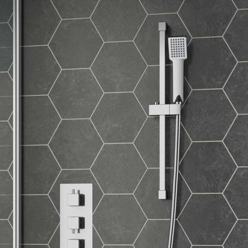 Square design shower slider riser rail kit with handset and hose - chrome