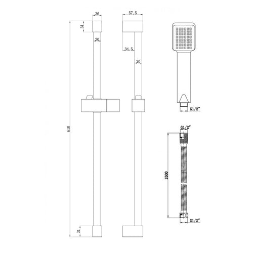 Square design shower slider riser rail kit with handset and hose - chrome