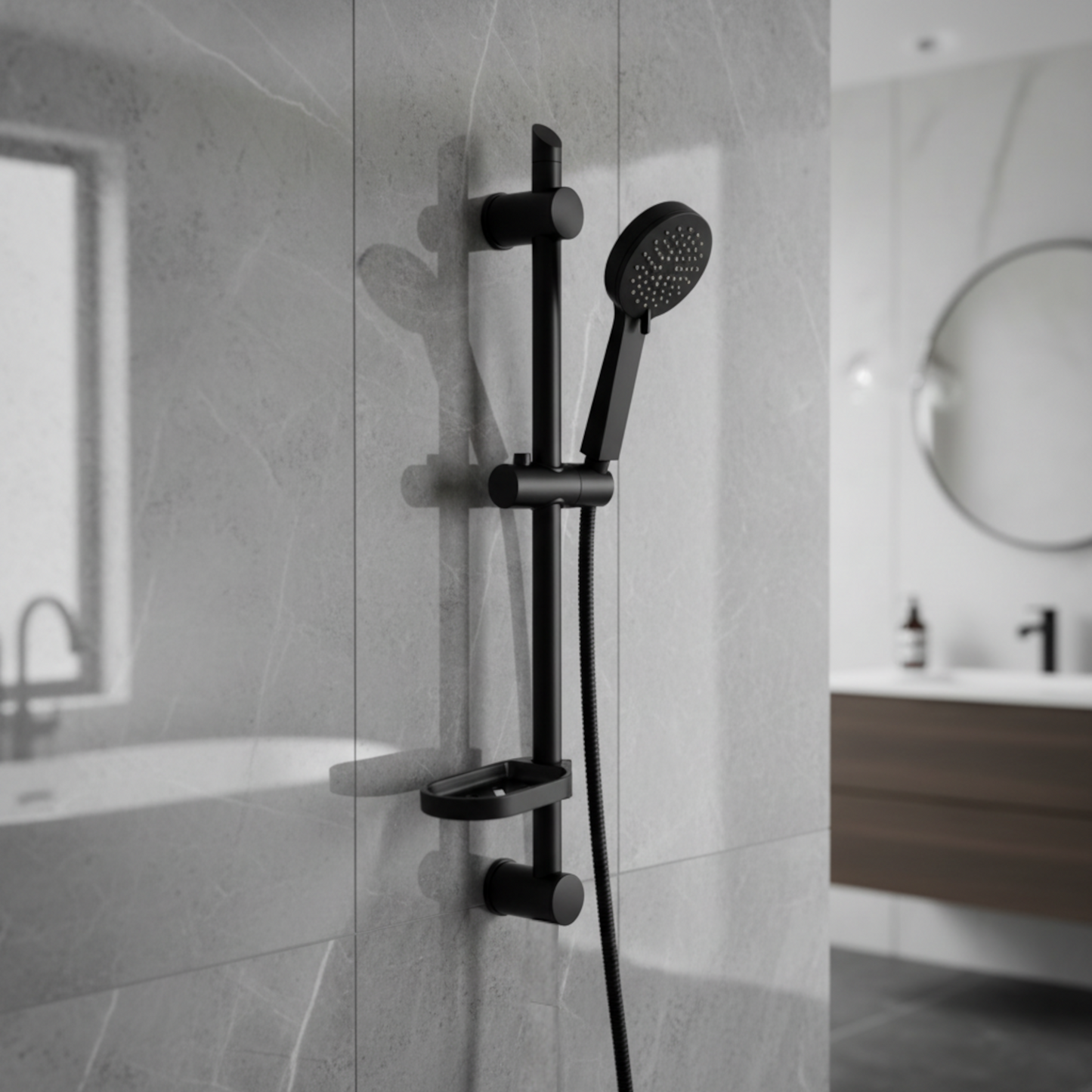 Adjustable Shower Slider Riser Rail Kit With 3 Setting Shower Head, Hose and Soap Holder - Black