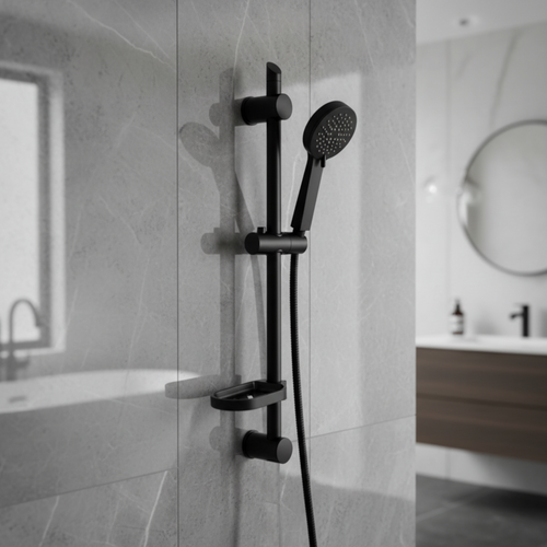 Adjustable Shower Slider Riser Rail Kit With 3 Setting Shower Head, Hose and Soap Holder - Black