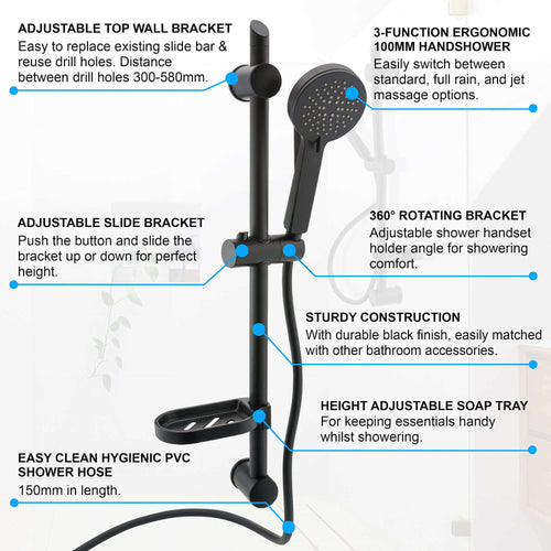 Buy Adjustable Shower Slider Riser Rail Kit With 3 Setting Shower Head, Hose and Soap Holder - Black online UK