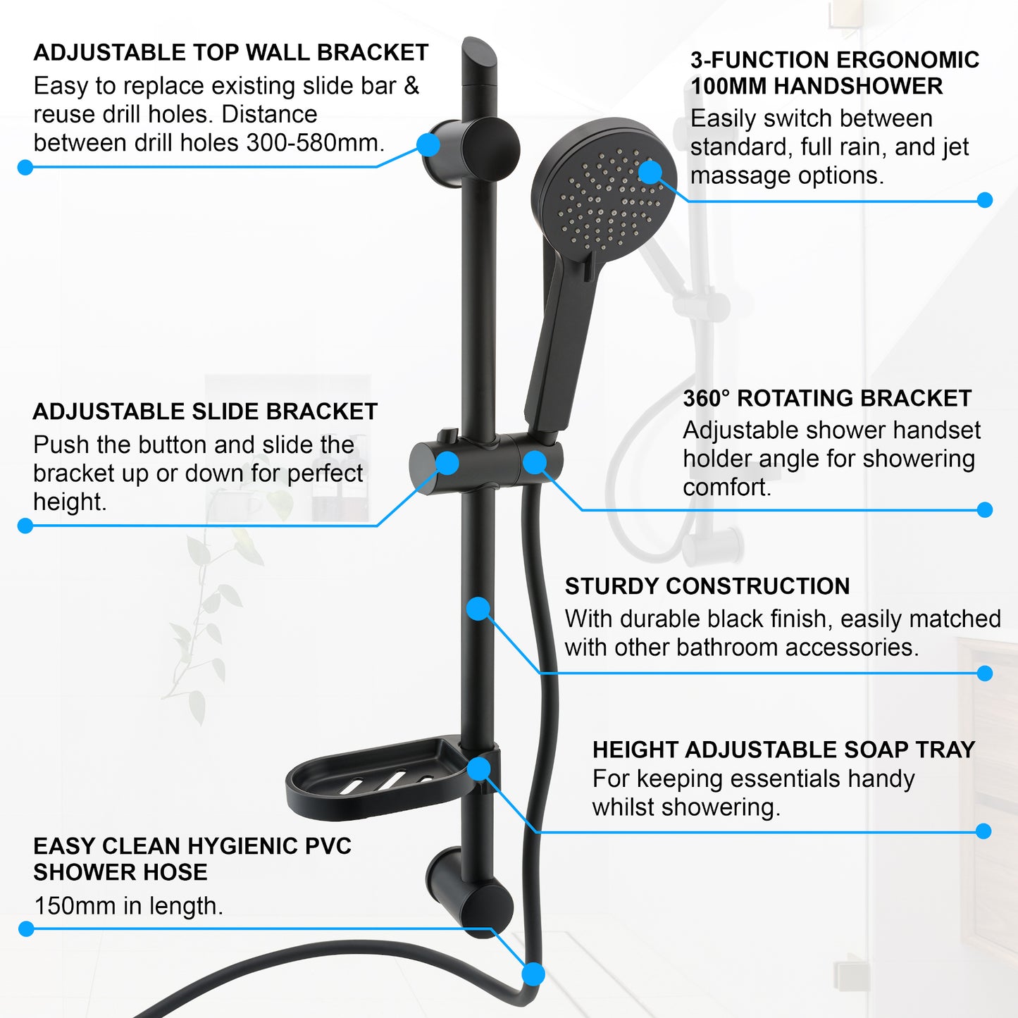 Adjustable Shower Slider Riser Rail Kit With 3 Setting Shower Head, Hose and Soap Holder - Black