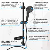 Adjustable Shower Slider Riser Rail Kit With 3 Setting Shower Head, Hose and Soap Holder - Black