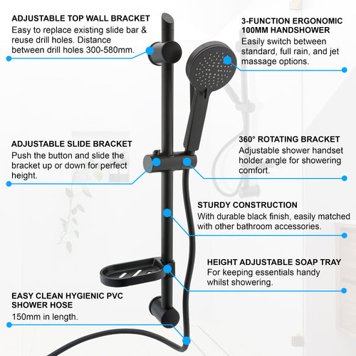 Adjustable Shower Slider Riser Rail Kit With 3 Setting Shower Head, Hose and Soap Holder - Black