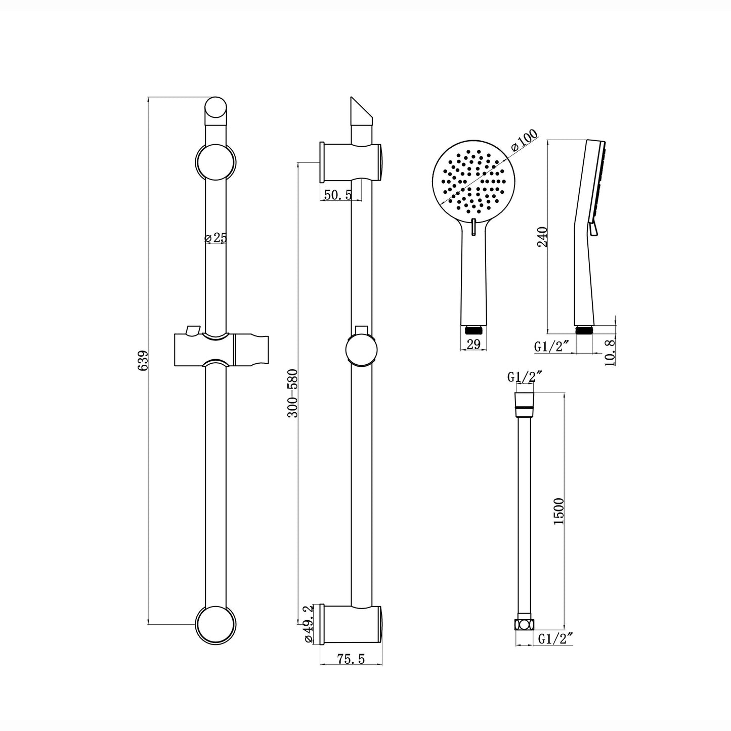 Adjustable Shower Slider Riser Rail Kit With 3 Setting Shower Head, Hose and Soap Holder - Black