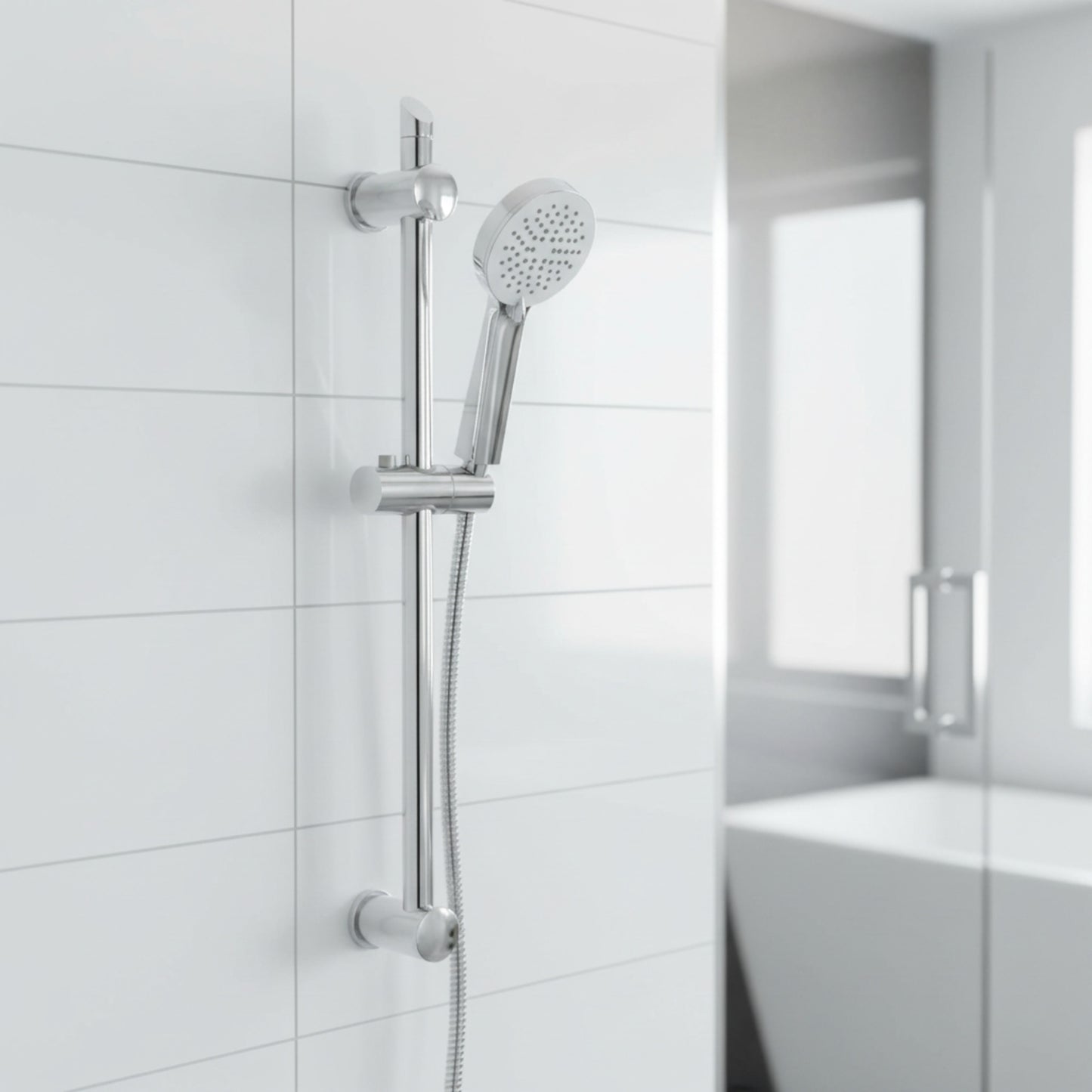 Adjustable Shower Slider Riser Rail Kit With 3 Setting Shower Head, Hose - Chrome