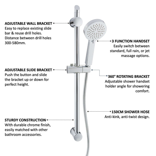 Buy Adjustable Shower Slider Riser Rail Kit With 3 Setting Shower Head, Hose - Chrome online UK