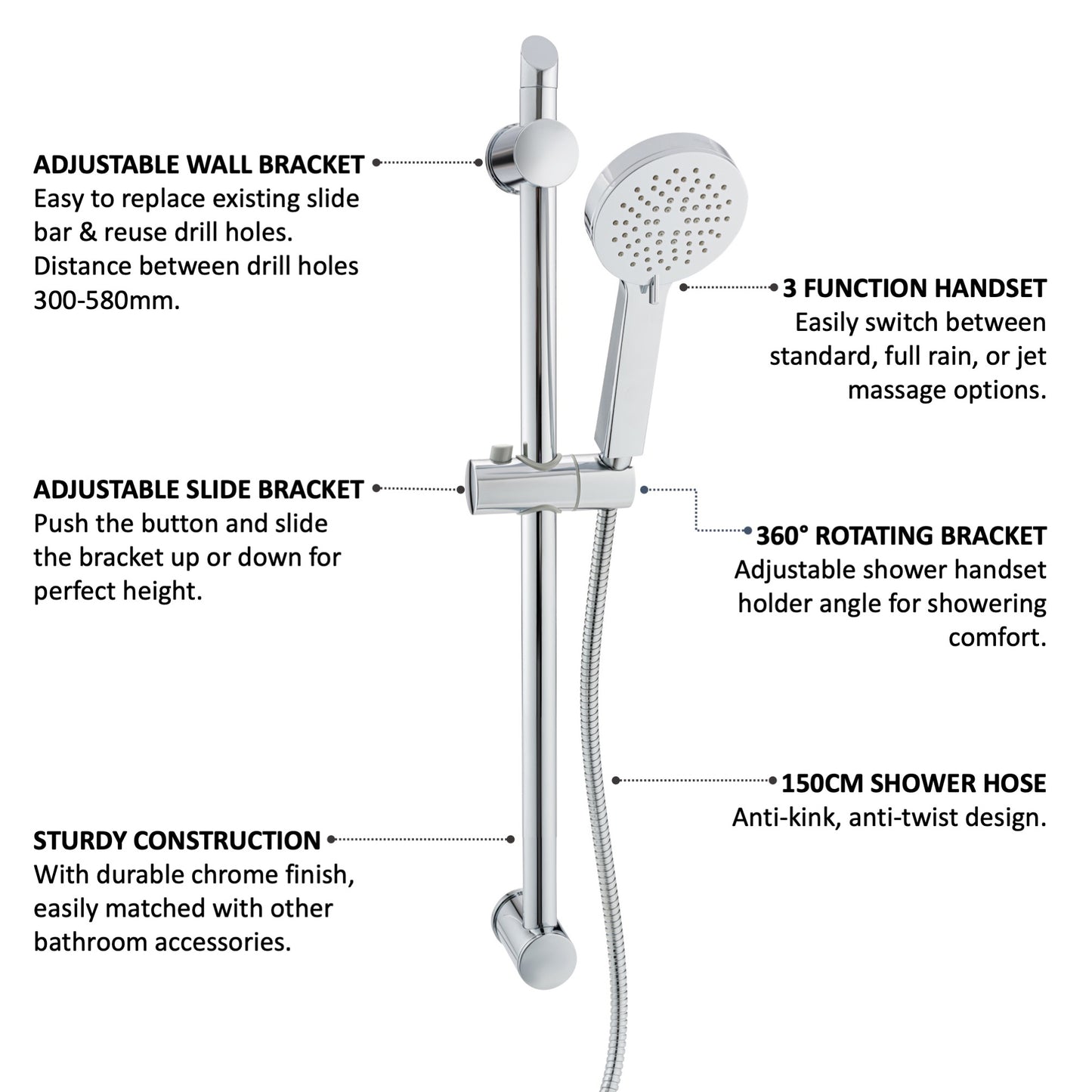 Adjustable Shower Slider Riser Rail Kit With 3 Setting Shower Head, Hose - Chrome