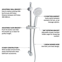Adjustable Shower Slider Riser Rail Kit With 3 Setting Shower Head, Hose - Chrome