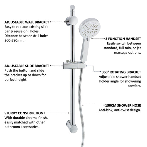 Adjustable Shower Slider Riser Rail Kit With 3 Setting Shower Head, Hose - Chrome