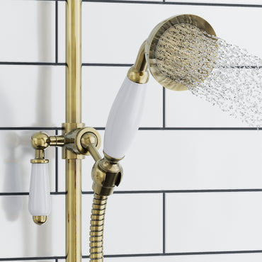 Traditional Shower Slider Rail Kit Lever Design With Brass White Ceramic Handset and Hose - Antique Brass