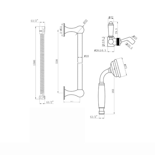 Traditional Shower Slider Rail Kit Lever Design With Brass White Ceramic Handset and Hose - Antique Brass