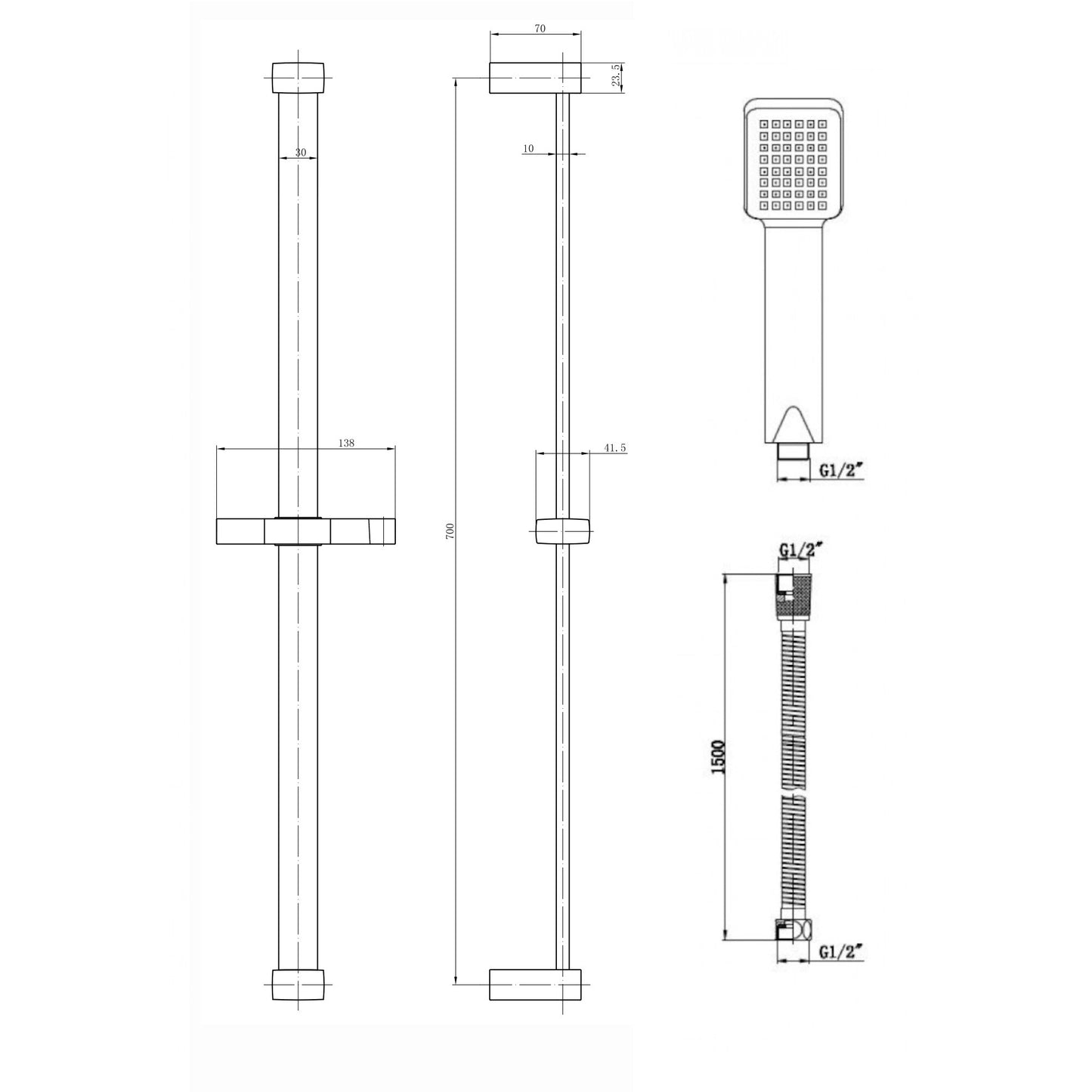 Square contemporary shower slider riser rail kit with handset and hose - black