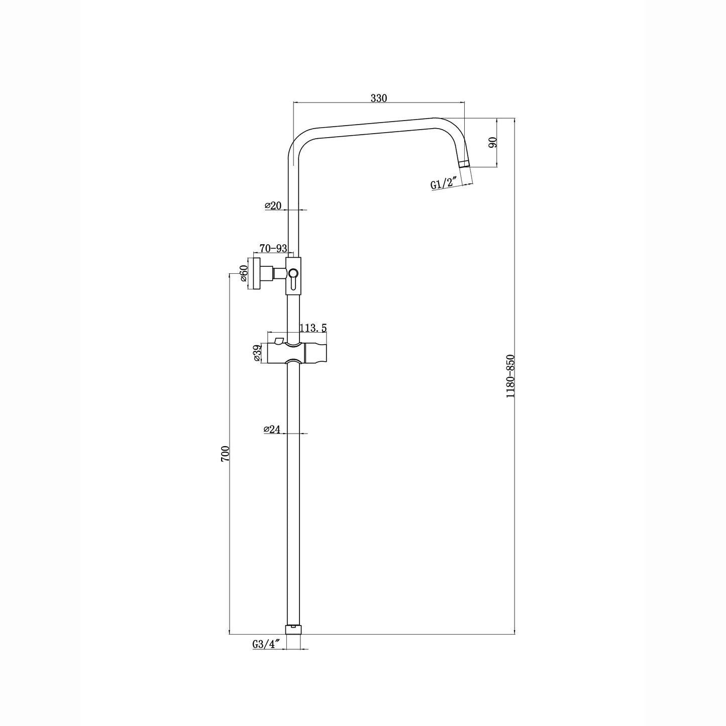 Dune shower adjustable rigid riser rail angled stainless steel - gunmetal grey