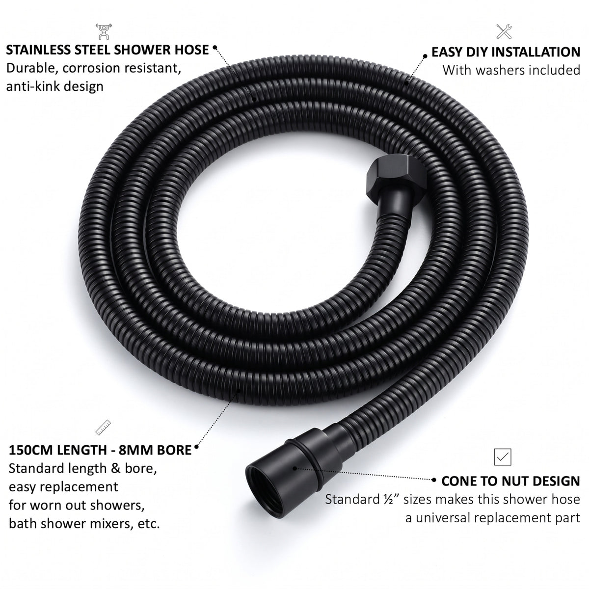 Flex shower hose stainless steel 1.5m standard bore - matt black