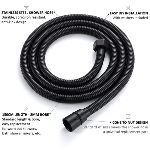 Flex shower hose stainless steel 1.5m standard bore - matt black