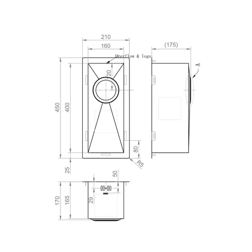 Buy Zero 210mm x 450mm 0.5 bowl undermount or topmount kitchen sink with overflow - brushed stainless steel online UK