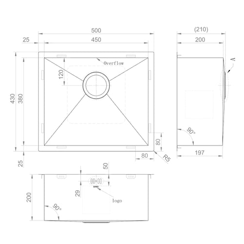 Buy Axia 500mm x 430mm 1.0 bowl undermount or topmount kitchen sink with overflow - brushed stainless steel online UK
