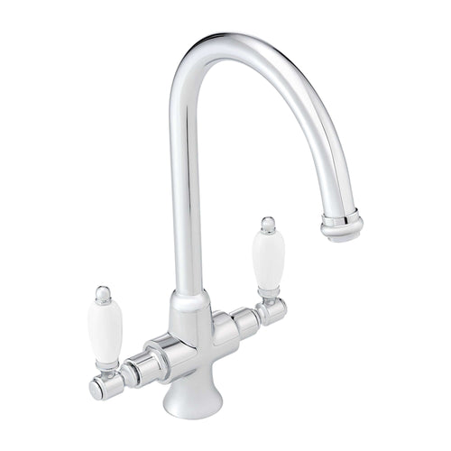 Buy Dorchester Georgian dual flow kitchen sink tap with twin white levers - chrome online UK