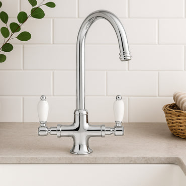 Dorchester Georgian dual flow kitchen sink tap with twin white levers - chrome