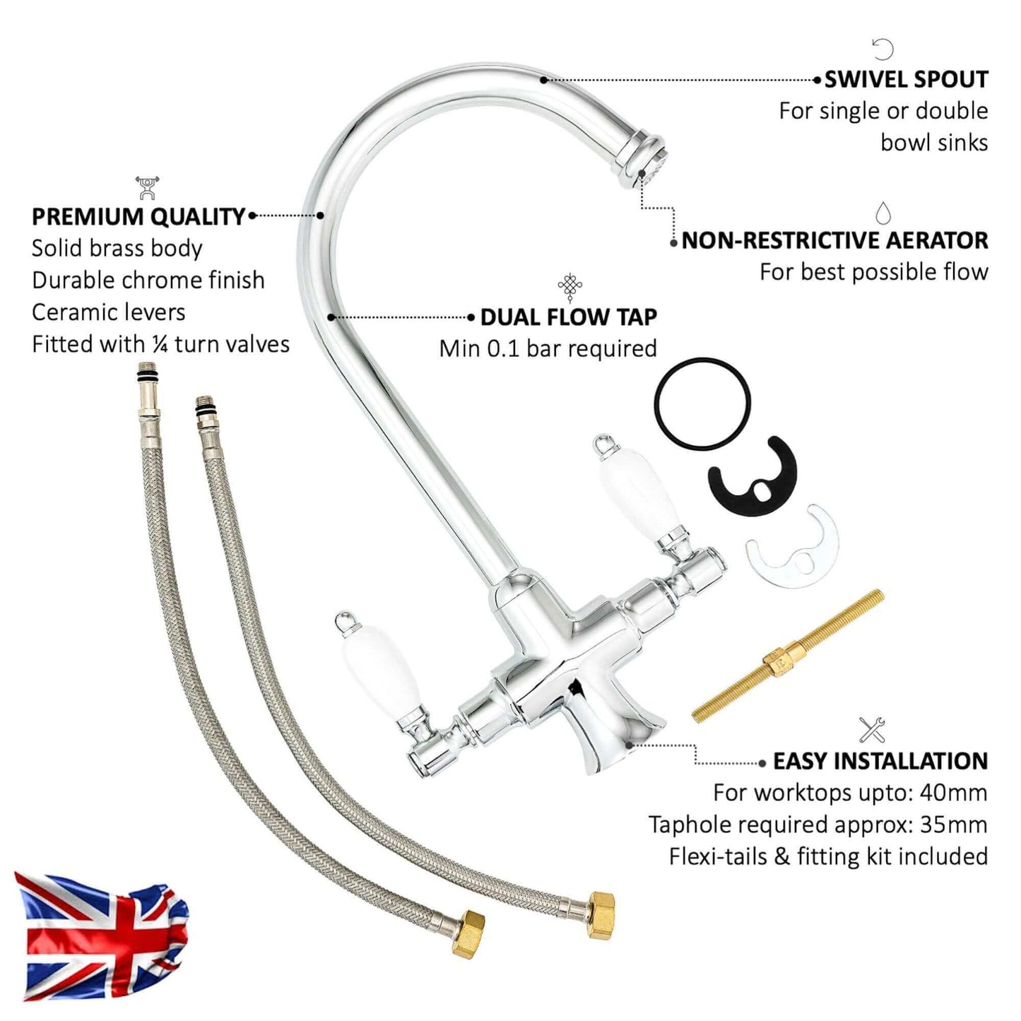 Dorchester Georgian dual flow kitchen sink tap with twin white levers - chrome