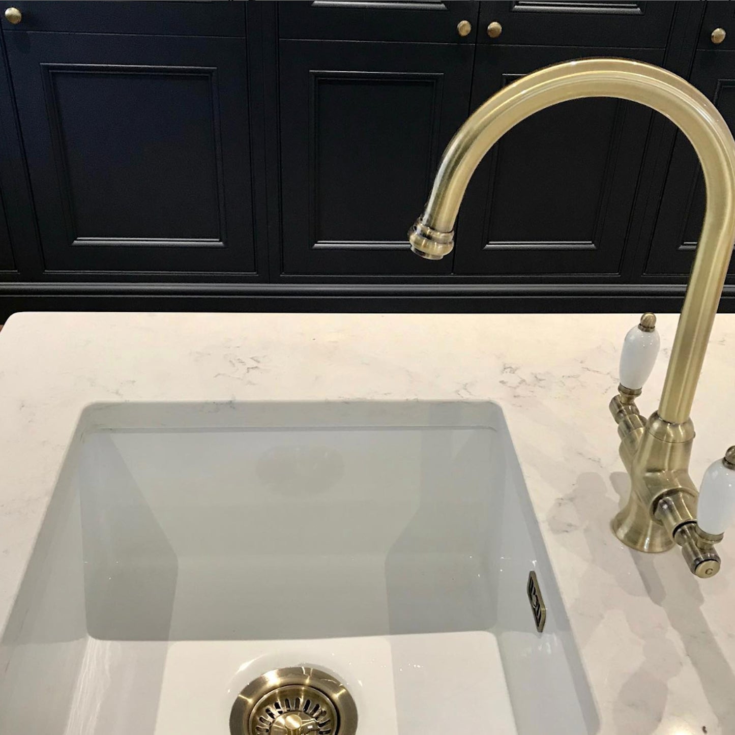 Dorchester Georgian dual flow kitchen sink tap with twin white levers - antique bronze