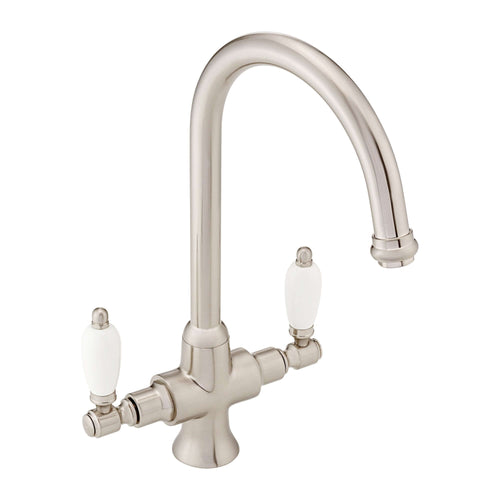 Buy Dorchester Georgian dual flow kitchen sink tap with twin white levers - brushed nickel online UK