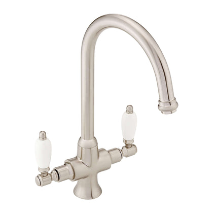 Buy Dorchester Georgian dual flow kitchen sink tap with twin white levers - brushed nickel Online UK | HOUSE OF ENKI