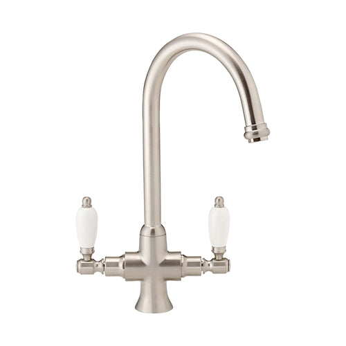Buy Dorchester Georgian dual flow kitchen sink tap with twin white levers - brushed nickel online UK