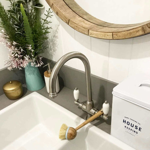 Buy Dorchester Georgian dual flow kitchen sink tap with twin white levers - brushed nickel online UK