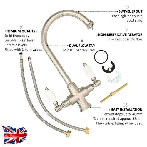 Buy Dorchester Georgian dual flow kitchen sink tap with twin white levers - brushed nickel online UK