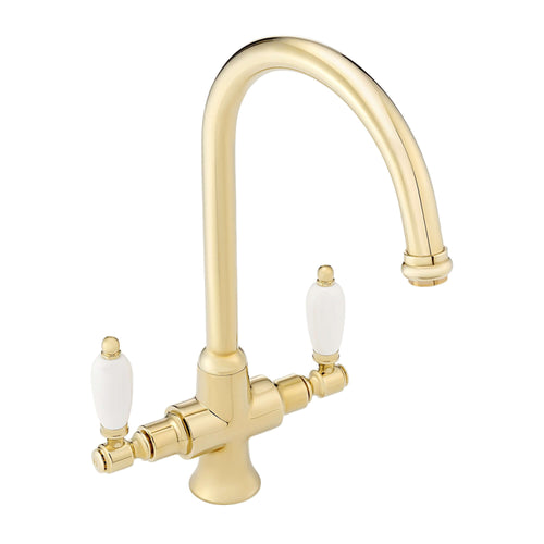 Buy Dorchester Georgian dual flow kitchen sink tap with twin white levers - gold online UK
