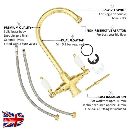 Buy Dorchester Georgian dual flow kitchen sink tap with twin white levers - gold online UK