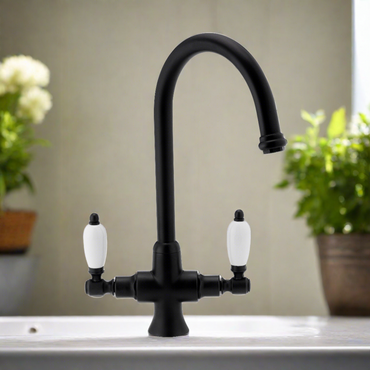 Dorchester Georgian dual flow kitchen sink tap with twin white levers - black
