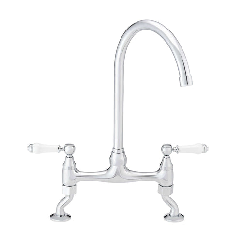 Buy Astbury traditional bridge kitchen mixer tap with white ceramic levers deck mounted - chrome online UK
