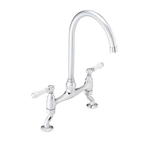 Buy Astbury traditional bridge kitchen mixer tap with white ceramic levers deck mounted - chrome online UK