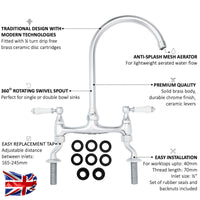 Astbury traditional bridge kitchen mixer  tap with white ceramic levers deck mounted - chrome