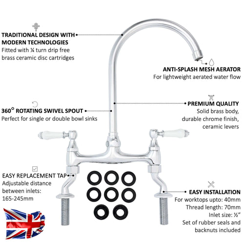 Buy Astbury traditional bridge kitchen mixer tap with white ceramic levers deck mounted - chrome online UK