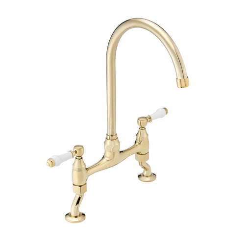 Buy Astbury traditional bridge kitchen mixer tap with white ceramic levers deck mounted - gold online UK