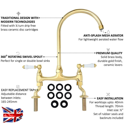 Buy Astbury traditional bridge kitchen mixer tap with white ceramic levers deck mounted - gold online UK
