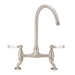Buy Astbury traditional bridge kitchen mixer tap with white ceramic levers deck mounted - brushed nickel online UK