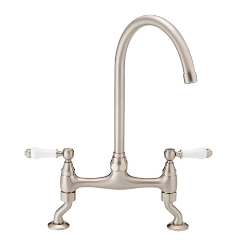 Buy Astbury traditional bridge kitchen mixer tap with white ceramic levers deck mounted - brushed nickel online UK
