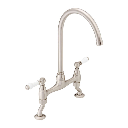 Buy Astbury traditional bridge kitchen mixer tap with white ceramic levers deck mounted - brushed nickel online UK
