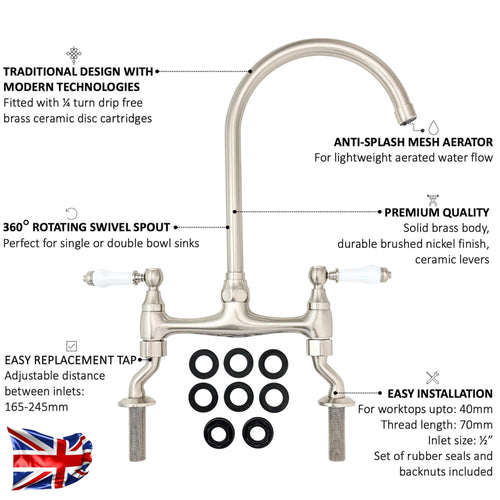 Buy Astbury traditional bridge kitchen mixer tap with white ceramic levers deck mounted - brushed nickel online UK