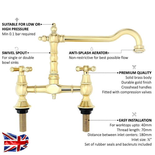 Buy Langley traditional bridge kitchen sink mixer tap colonial crosshead - gold online UK