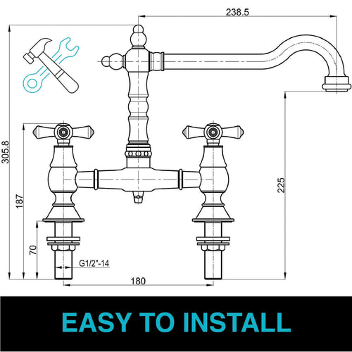 Buy Langley traditional bridge kitchen sink mixer tap colonial crosshead - antique brass online UK