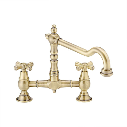 Buy Langley traditional bridge kitchen sink mixer tap colonial crosshead - antique brass online UK